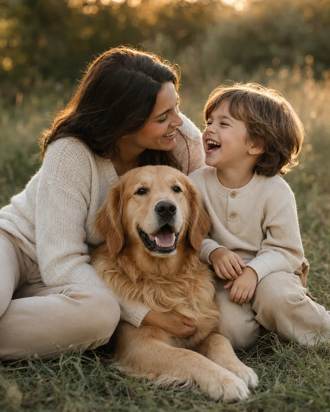 A mother, child and golden retriever outdoors