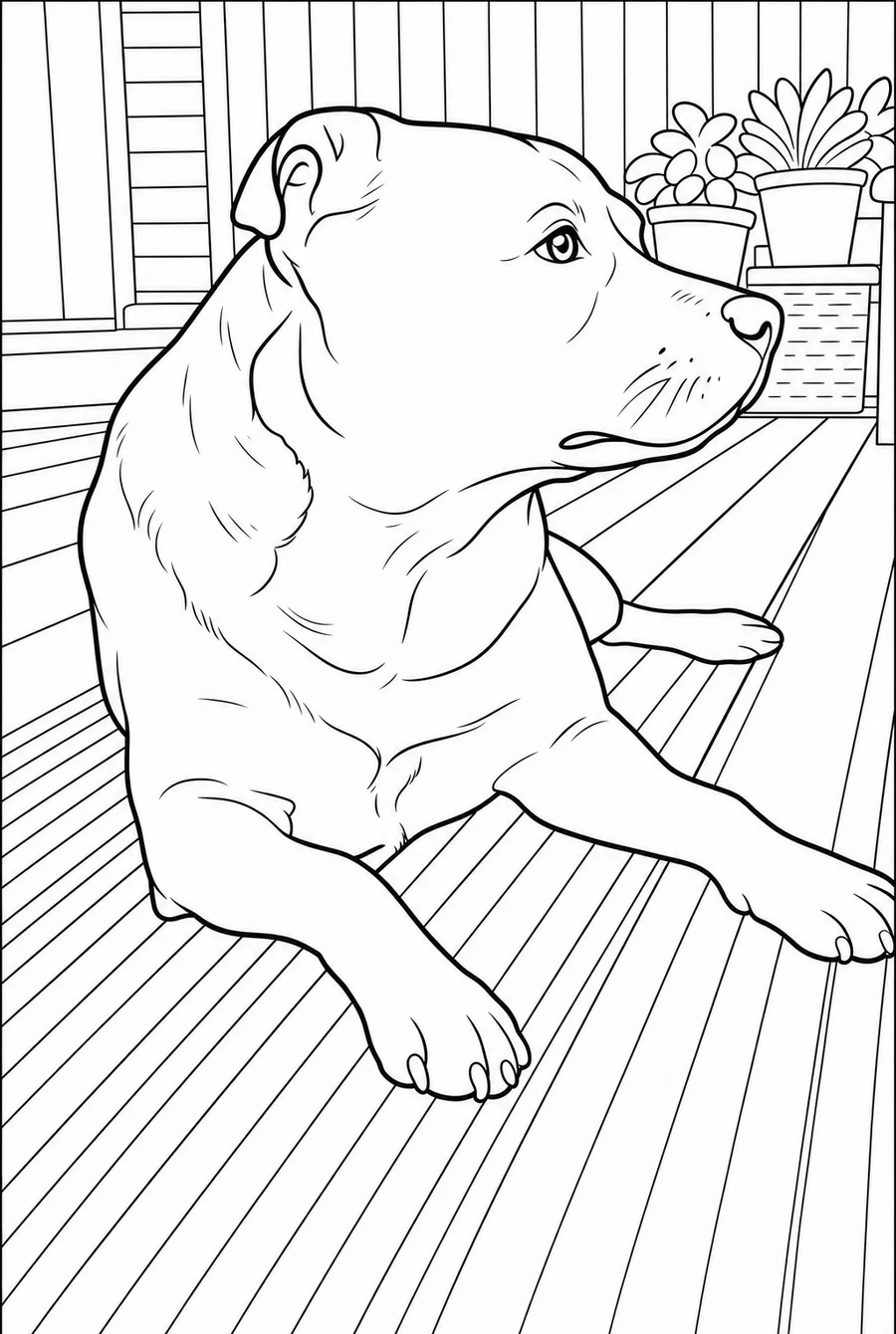A staffordshire bull terrier lying on decking, drawn in the bold style: heavy, even outlines, the decking boards and fence behind him reduced to a few strong lines, and large empty areas across the body with no fur texture at all.