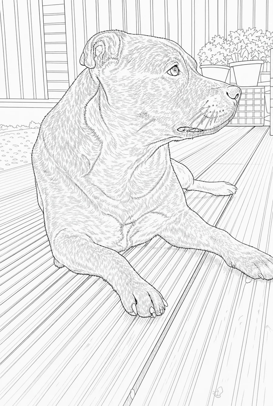 The same dog drawn in the faithful style: fine pen lines covering the whole coat in dense fur texture, with every decking board, the fence and the potted plants all drawn in behind him.