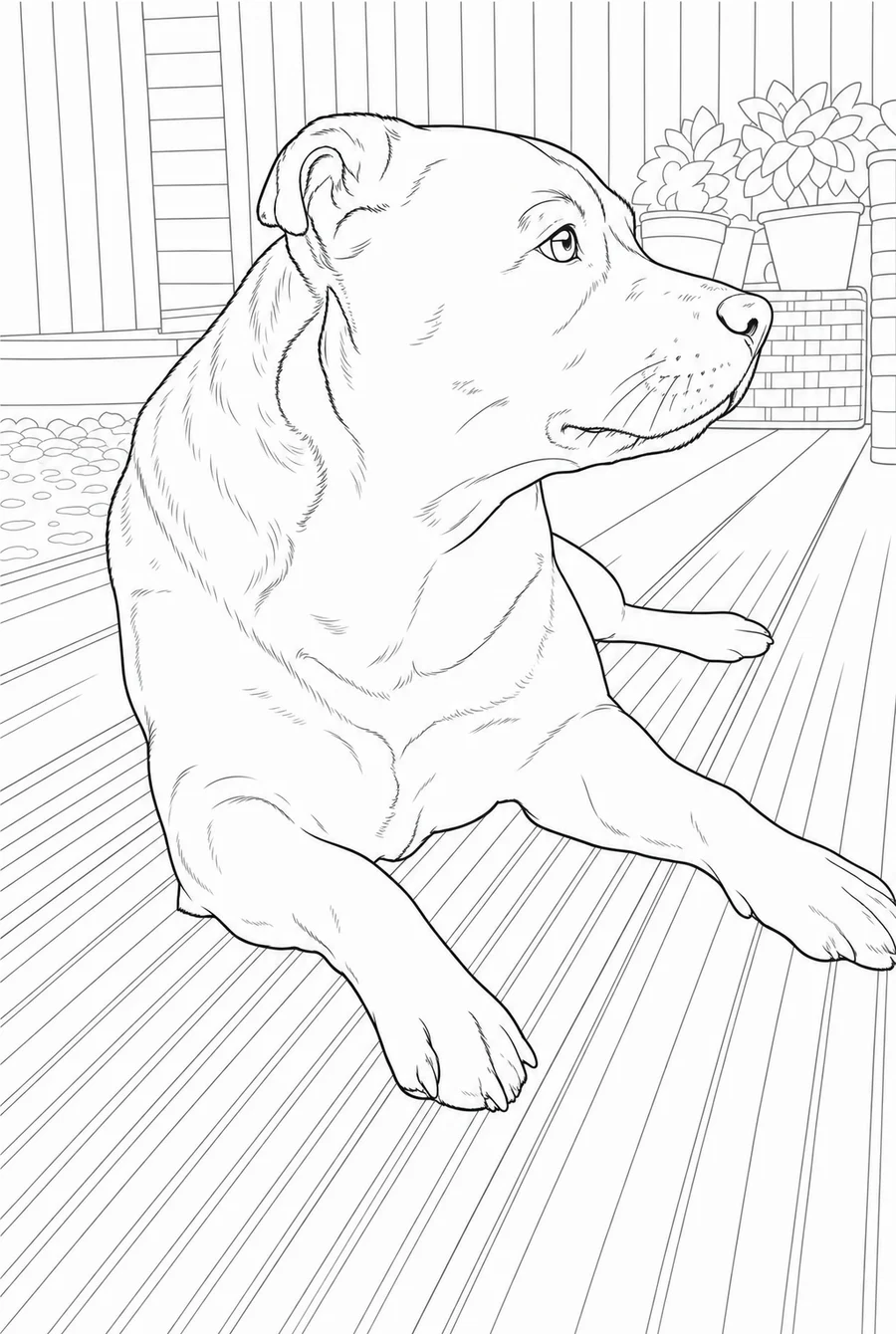 The same dog drawn in the gentle style: medium-weight outlines with light, sparse fur strokes across the chest, muzzle and brow, with the decking and the potted plants behind him drawn in simplified line.